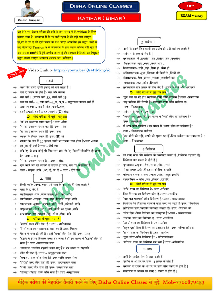 सम्पूर्ण हिंदी व्याकरण Disha Online Classes 1 | PDF