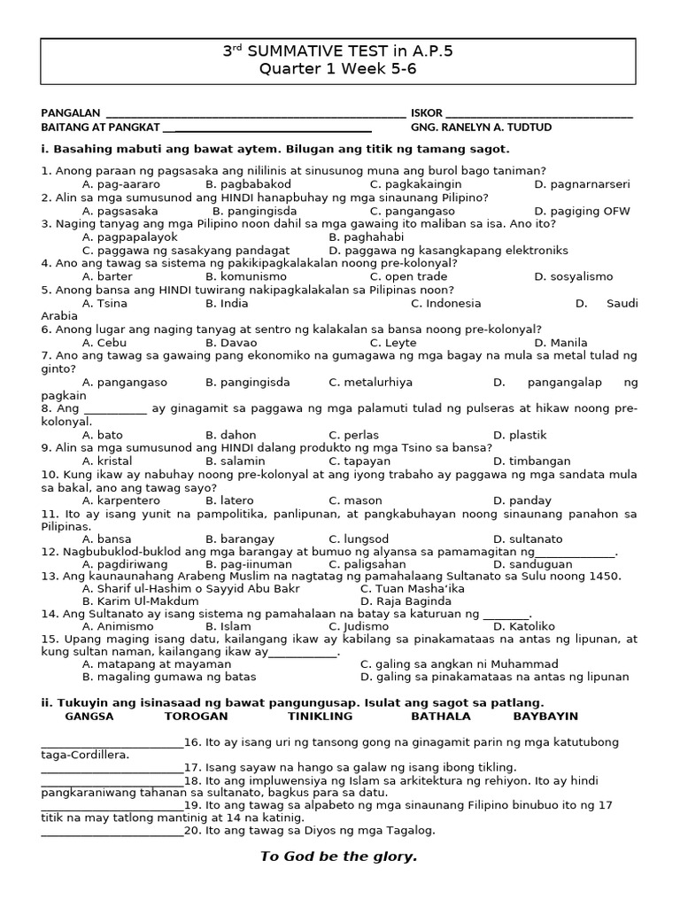 3rd Summative Test in AP 5 q1 Week5-6 | PDF