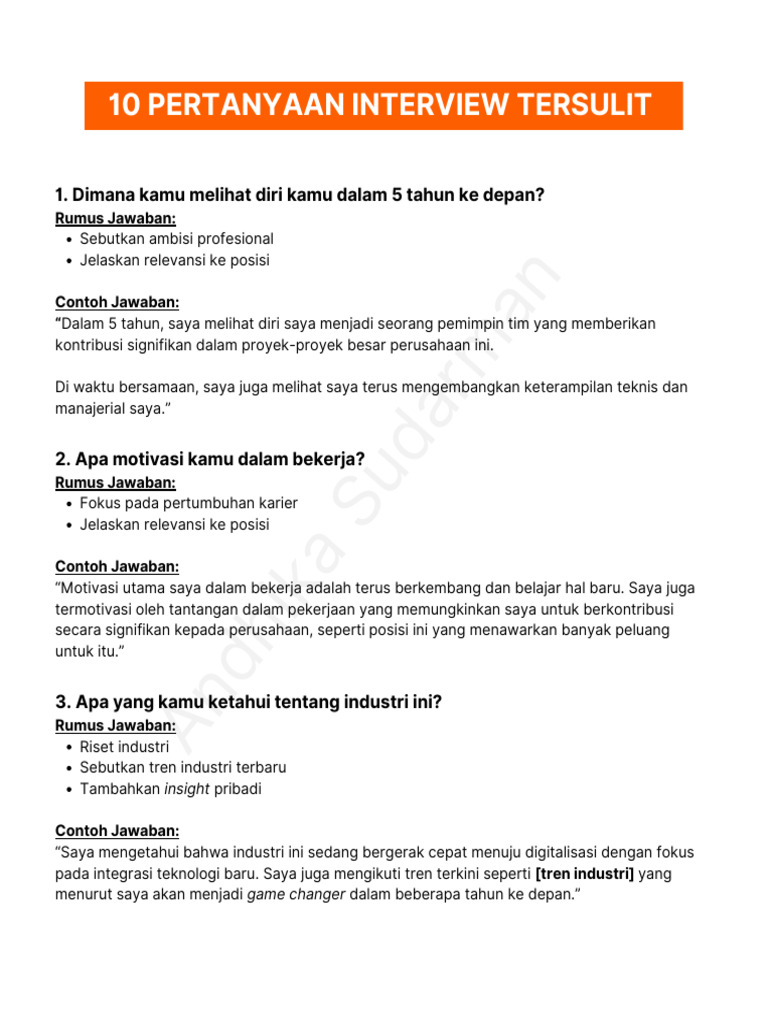 10 Rumus Jawaban Pertanyaan Interview Tersulit | PDF