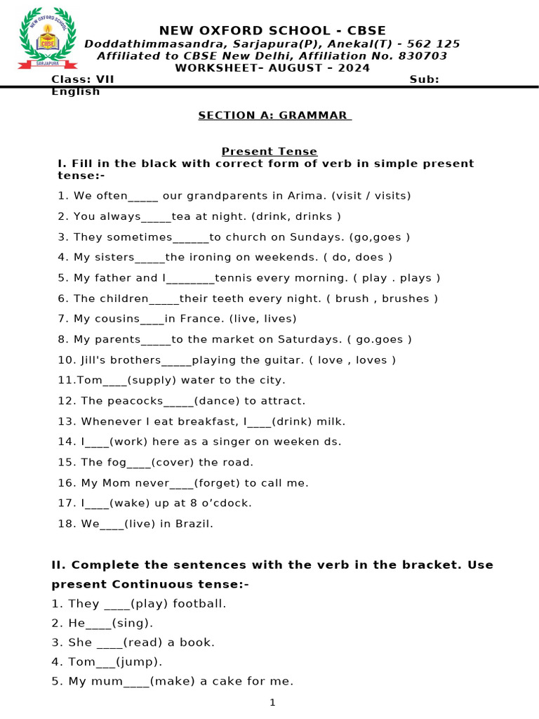 7th English Worksheet | PDF