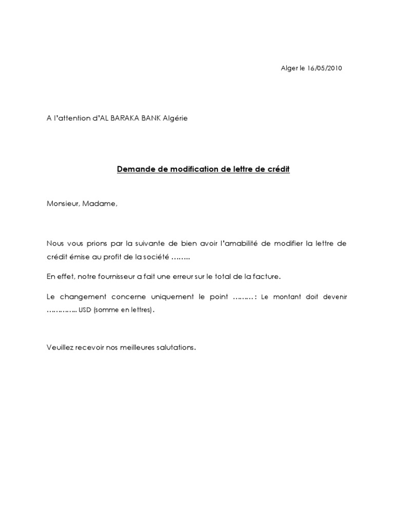 Demande De Modification De La Lettre De Credit Algerie