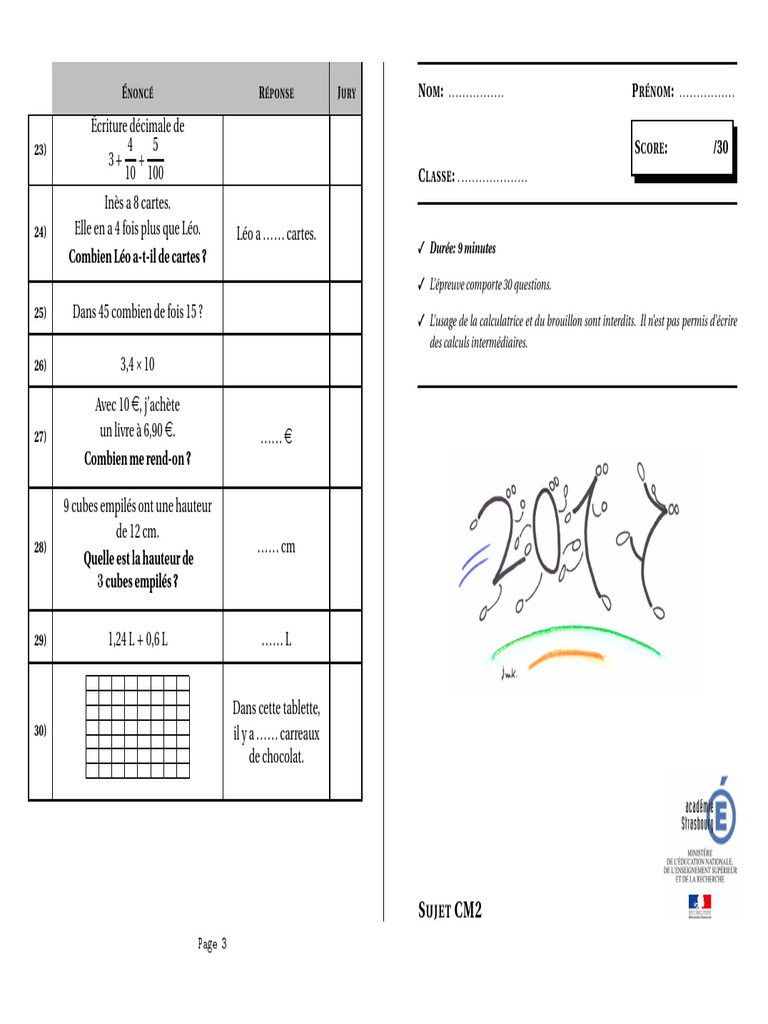 Sujet CM2 Mars 2017 | PDF