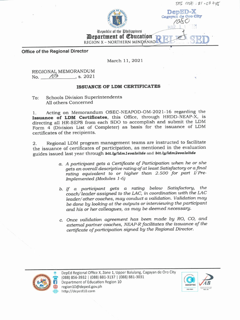 RM - 103 - Issuance of LDM Certificates | PDF