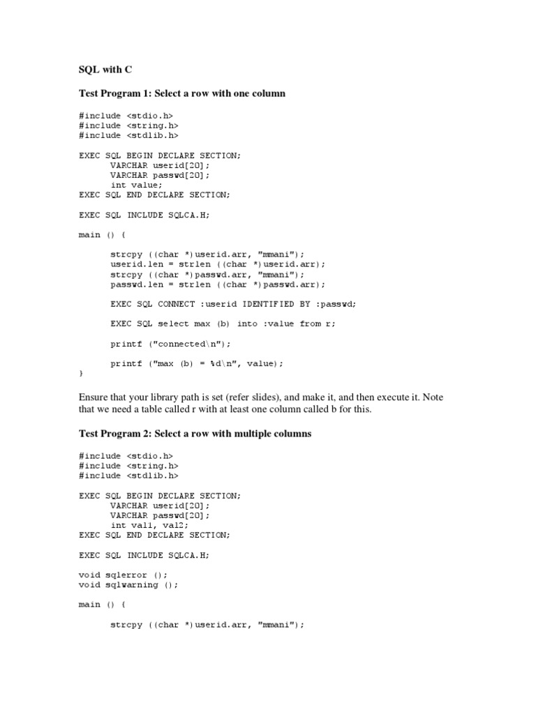 SQL With C Test Program 1: Select A Row With One Column | PDF ...