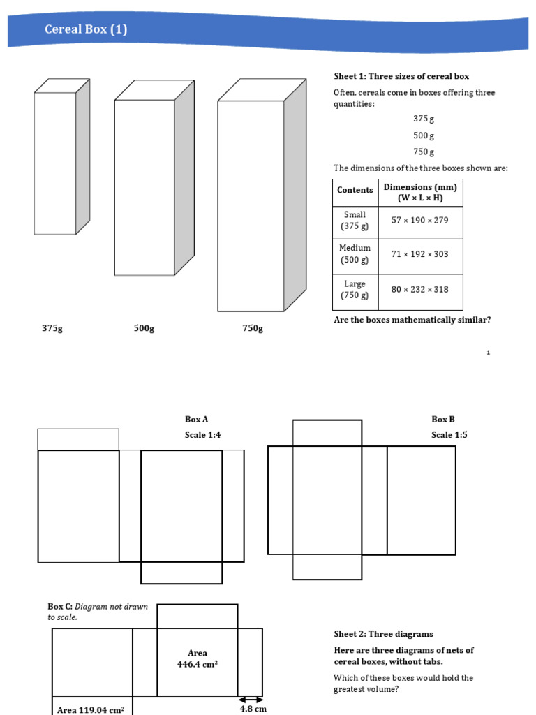 Sheet 1: Three Sizes of Cereal Box | PDF