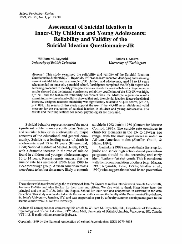 Assessment of Suicidal Ideation in Inner-City Chil | PDF