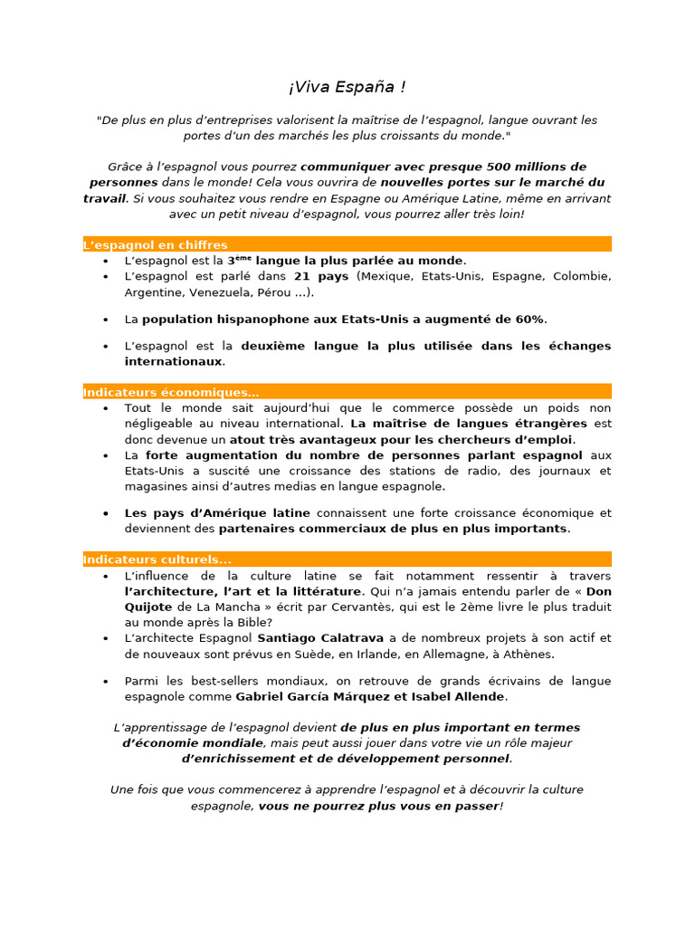 Pourquoi Apprendre L'espagnol | PDF
