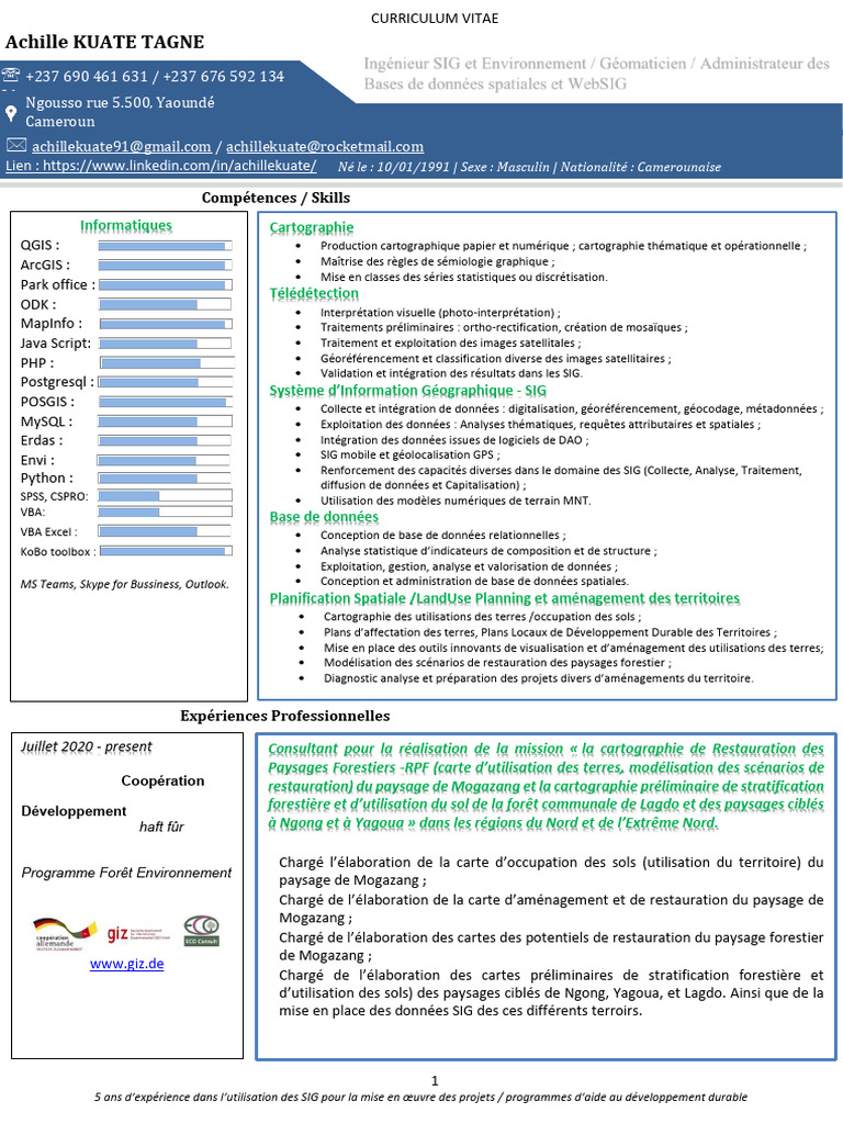 Ingénieur SIG et Environnement - CV Achille Kuate | PDF | Système d ...