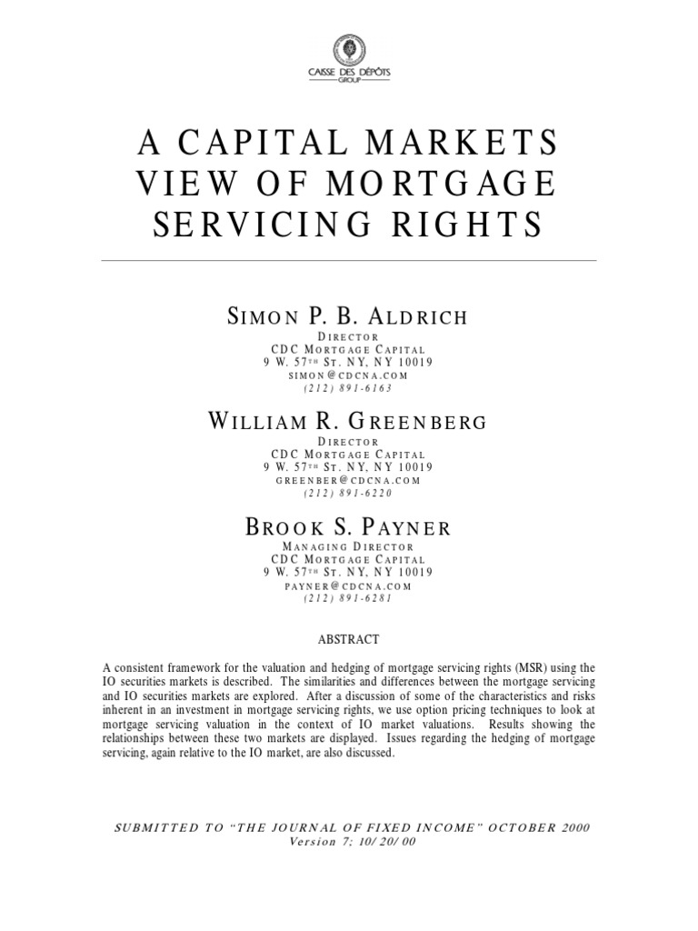 A Capital Markets View of Mortgage Servicing Rights PDF Mortgage