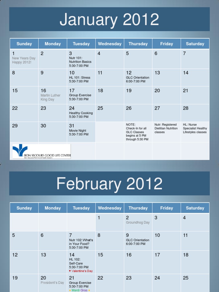 2012 Good Life Calendar PDF Dietitian Holidays