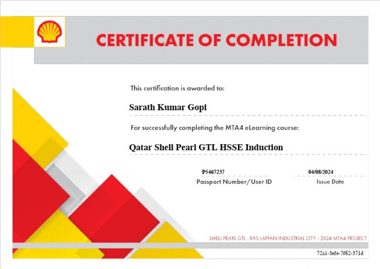 Certification Qatar Shell Pearl GTL HSSE Induction P5467237 | PDF