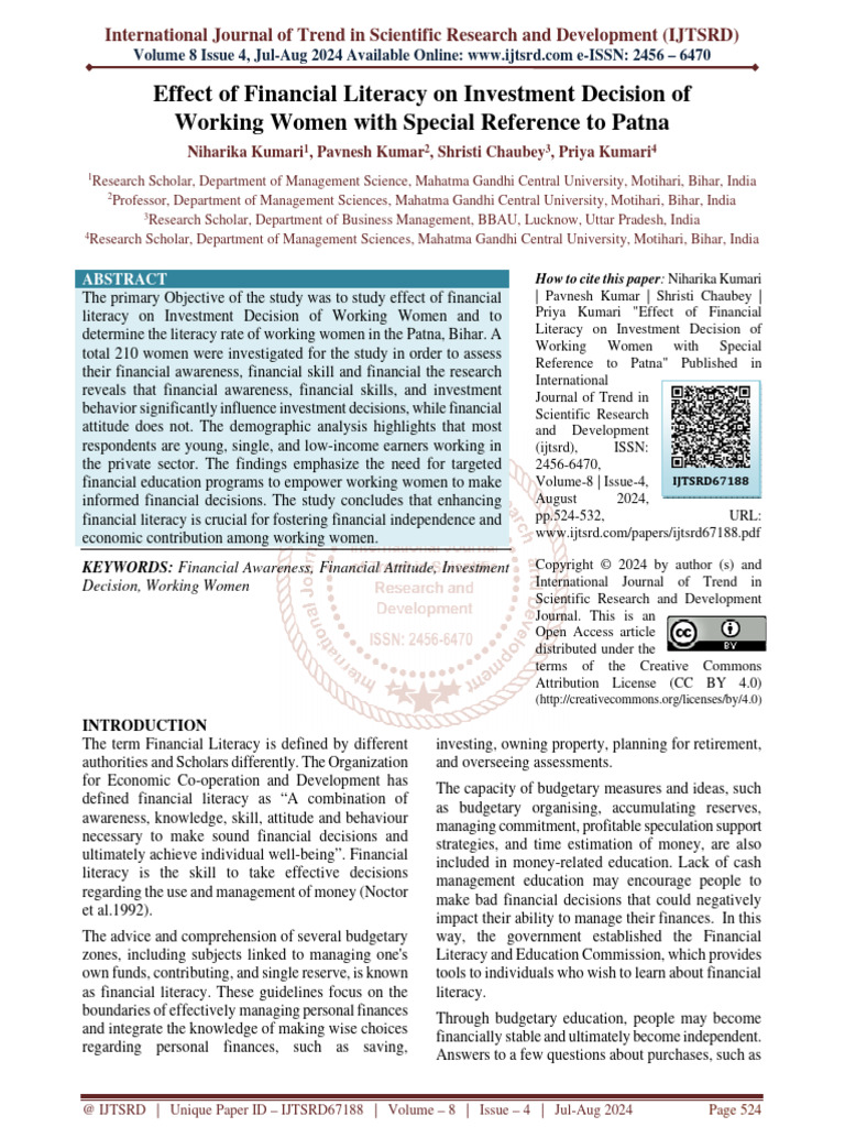 Effect of Financial Literacy On Investment Decision of Working Women ...