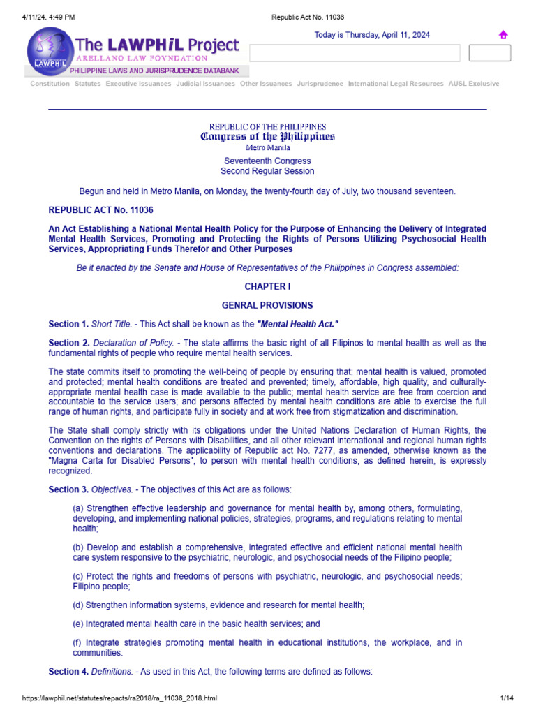 Philippines - Mental Health Act | PDF