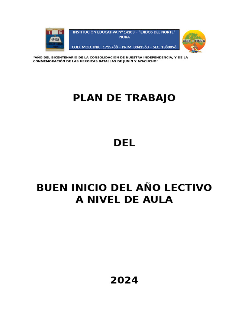 Formato Plan de Trabajo Del Buen Inicio Del Año Lectivo 2024 A Nivel de ...