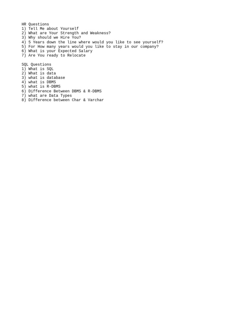 SQL Mock Questions | PDF