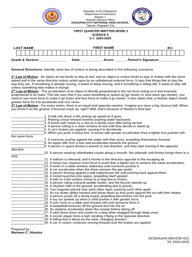First Quarter Written Work 2 | PDF | Force | Newton's Laws Of Motion