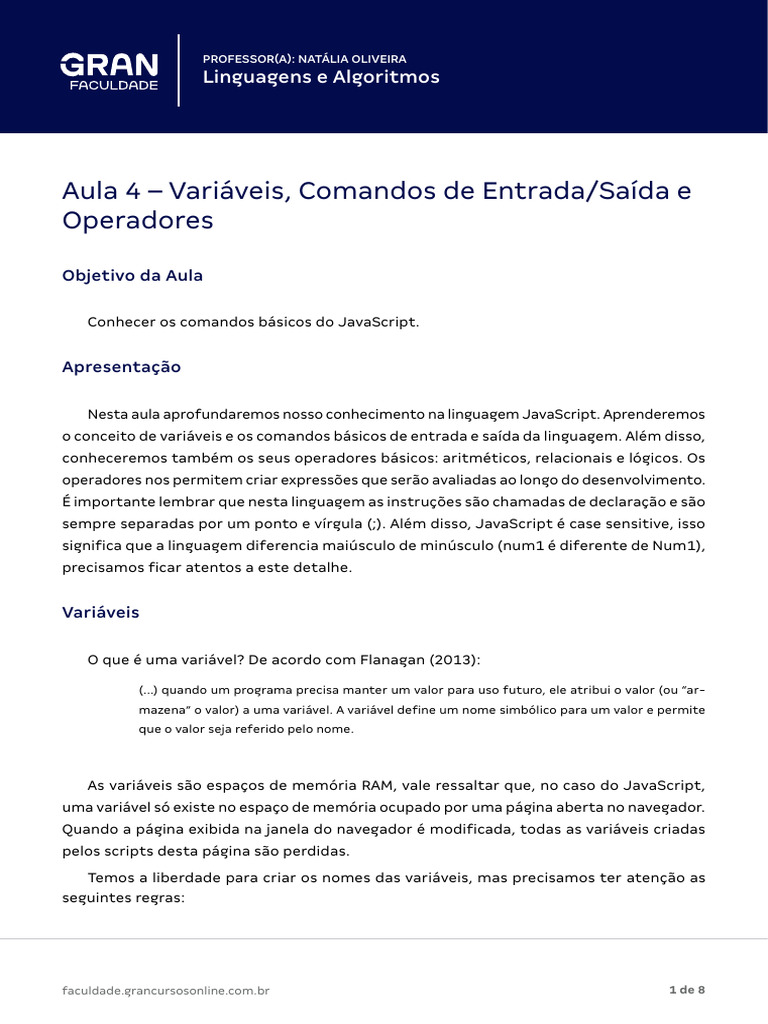 Apostila - Variáveis, Comandos de Entrada e Saída e Operadores | PDF
