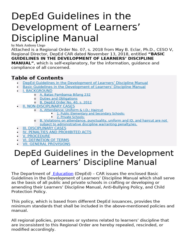 DepEd Guidelines in The Development of Learners | PDF