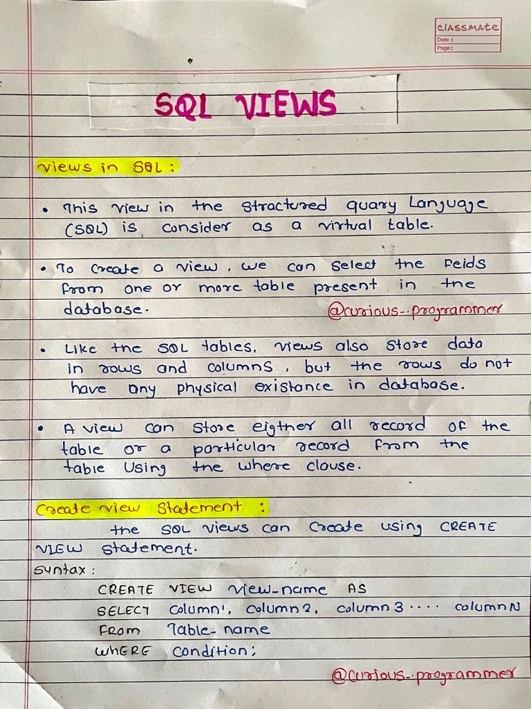 SQL Views Handwritten Notes | PDF