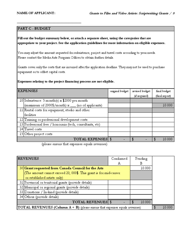 Grant Budget Template for Artists | PDF