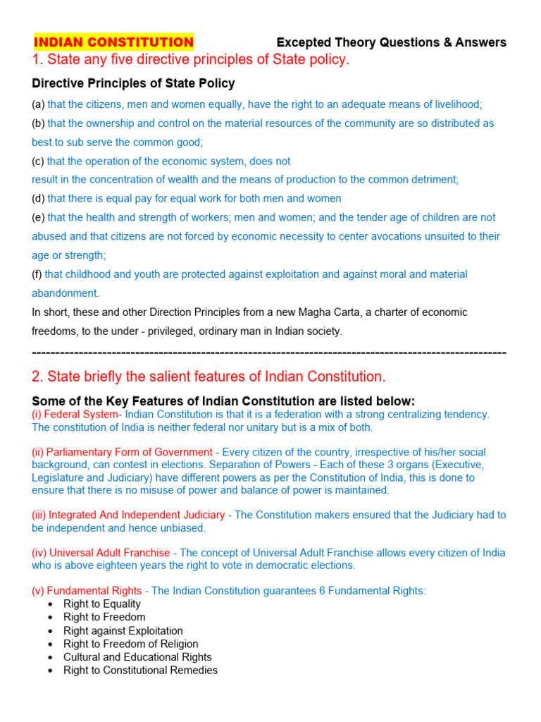 Indian Constitution (Excepted Q&A) | PDF