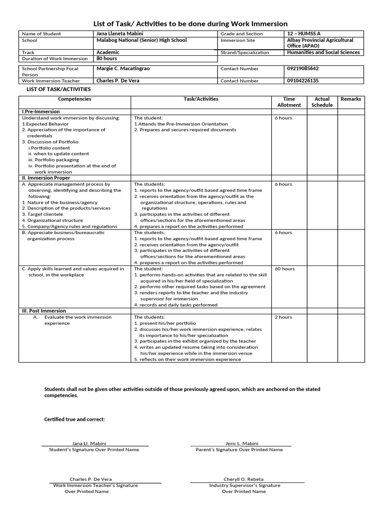 List of Task/ Activities To Be Done During Work Immersion | PDF