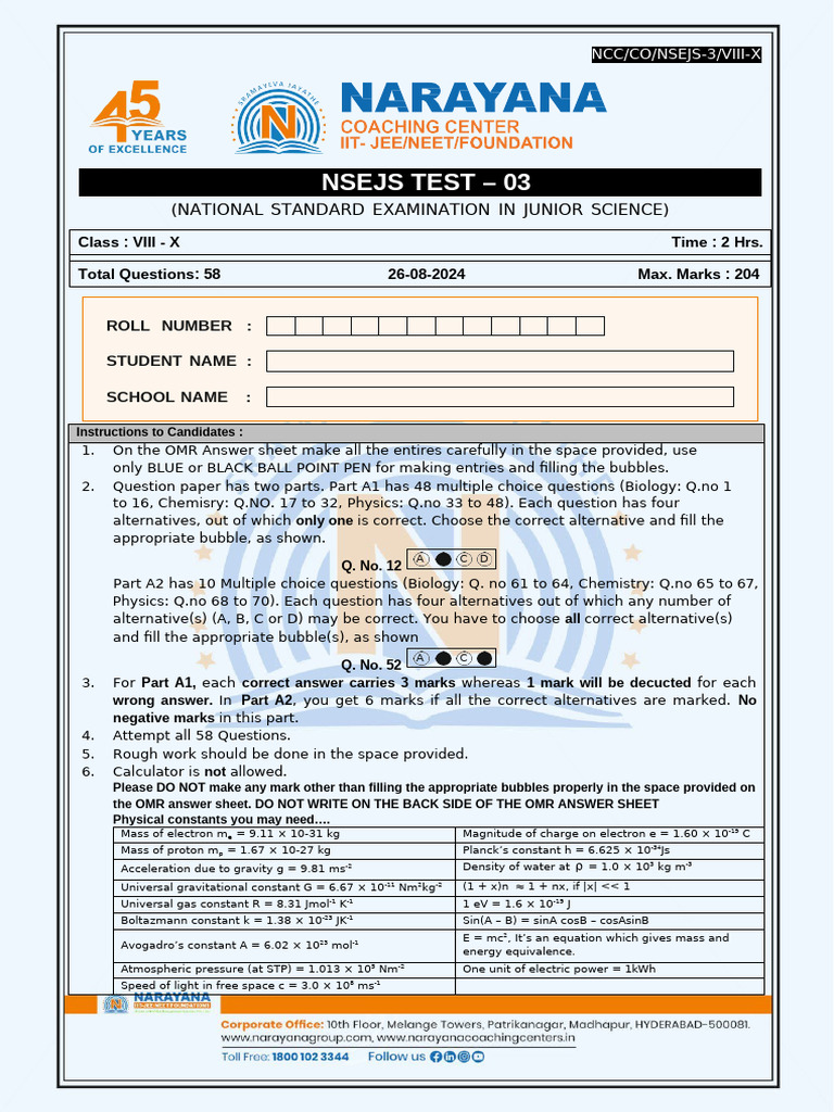 Class Viii - X Nsejs Question Paper Test 03 Exam Date 26-08-2024 | PDF