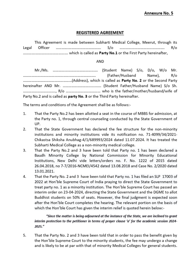 Annexure No. 5 Agreement (UG) Subharti | PDF