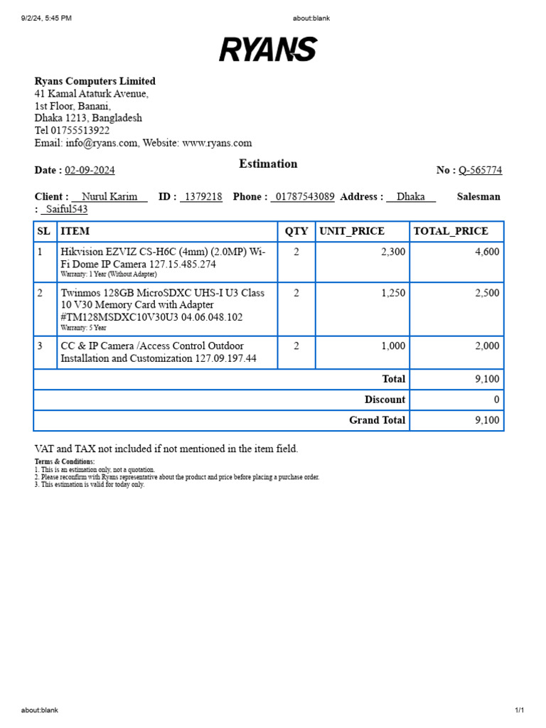 Estimation: Ryans Computers Limited | PDF