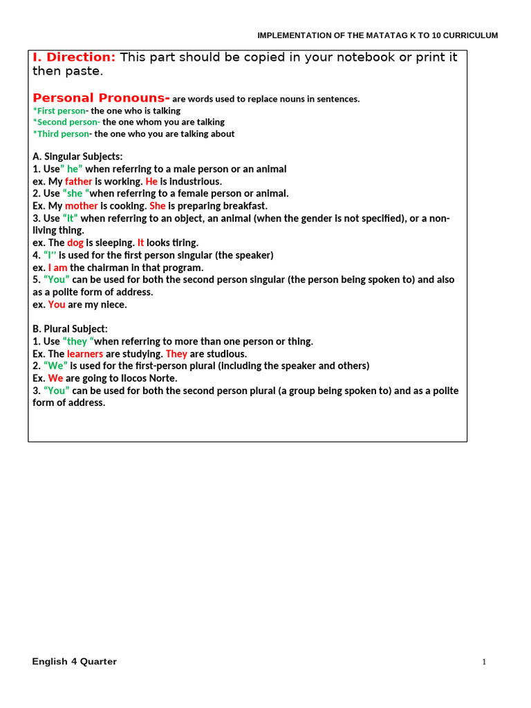 English 4 B Personal Pronoun | PDF