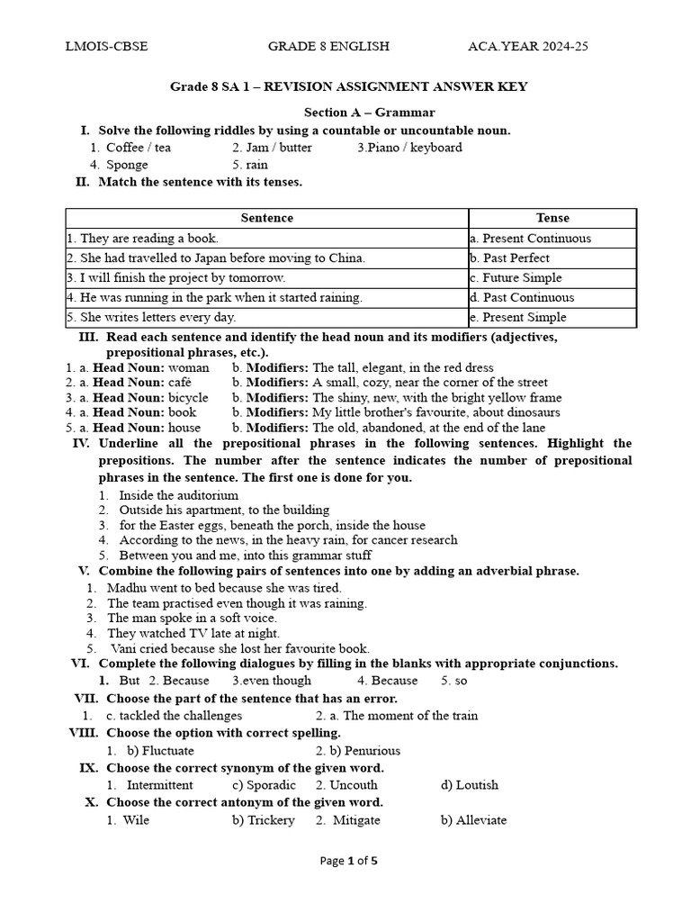 GR 8 Sa 1 Revision Worksheet Answer Key | PDF