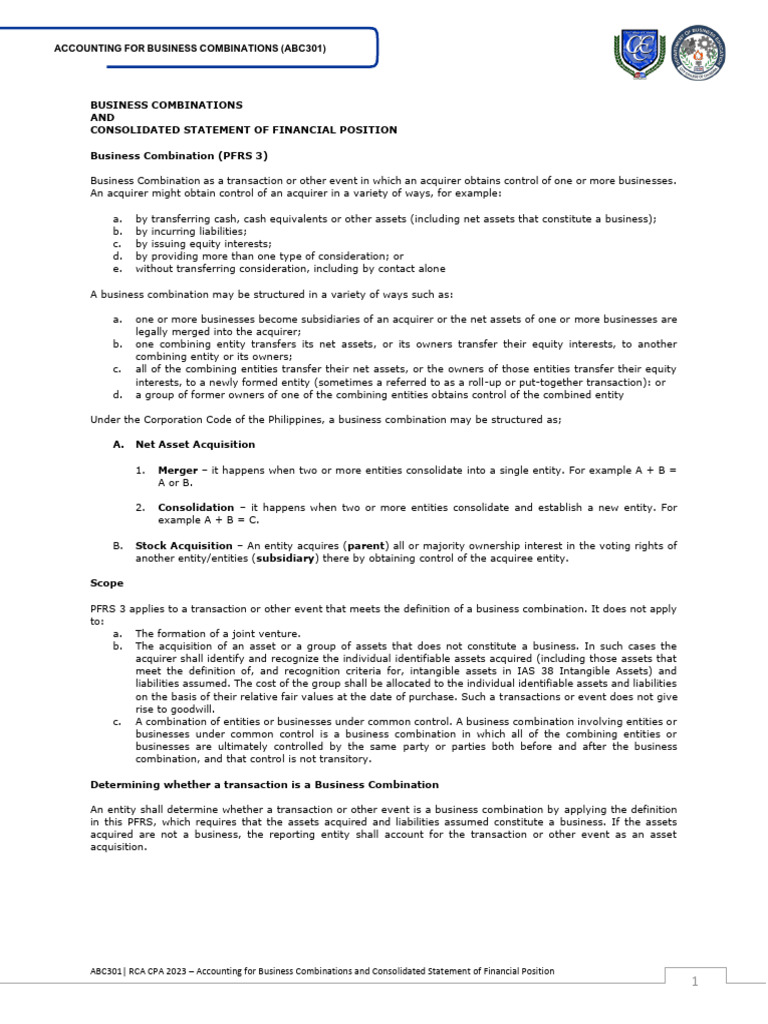 Business Combinations AND Consolidated Statement of Financial Position ...