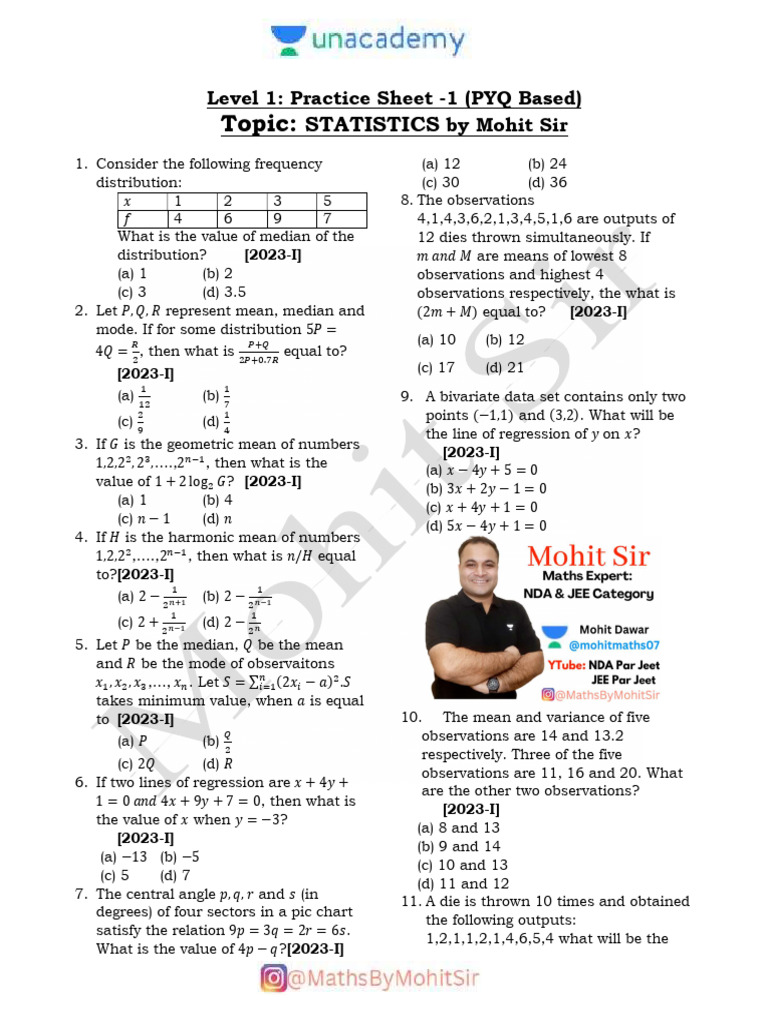 LEVEL 1 STATISTICS Practice Sheet - 1 For NDA | PDF
