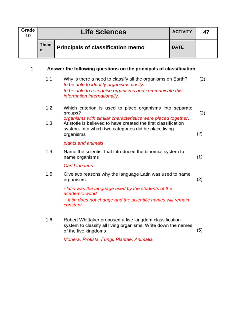 ACT 47 Principles of Classification Memo | PDF | Biological ...