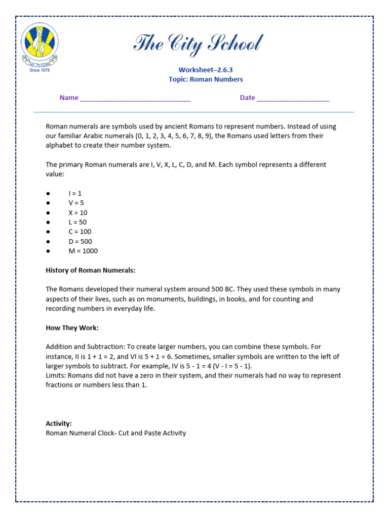 Class 3 Activity Worksheet 2.6.3 - Roman Numbers | PDF