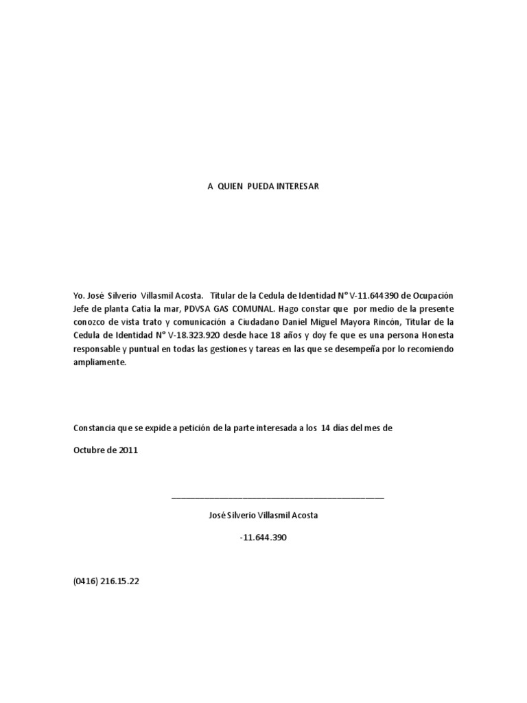 Carta de a Quien Pueda Interesar