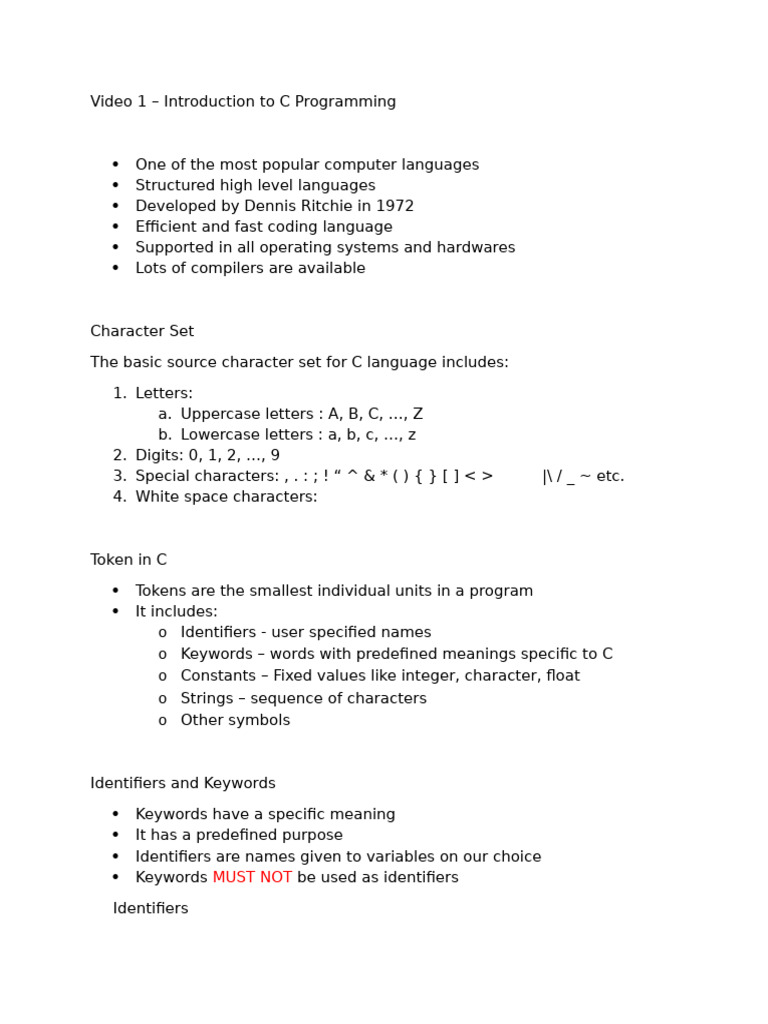 Video 1 Introduction To C Programming | PDF | Reserved Word | Computer ...