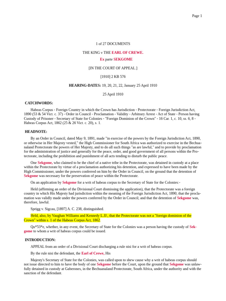 Rex V The Earl of Crewe | PDF | Habeas Corpus | Politics