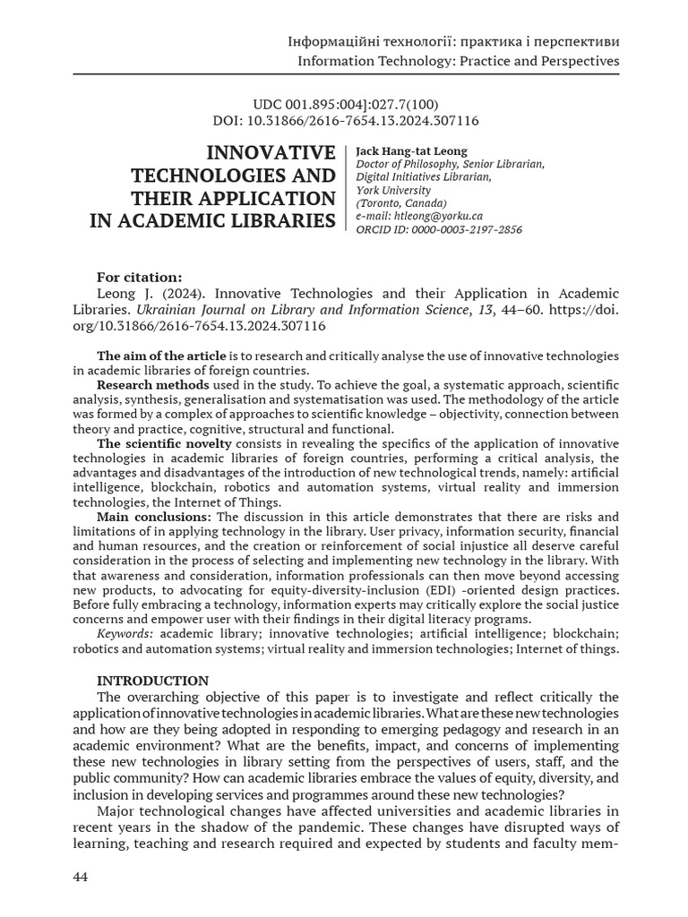 Innovative Technologies and Their Application in A | PDF