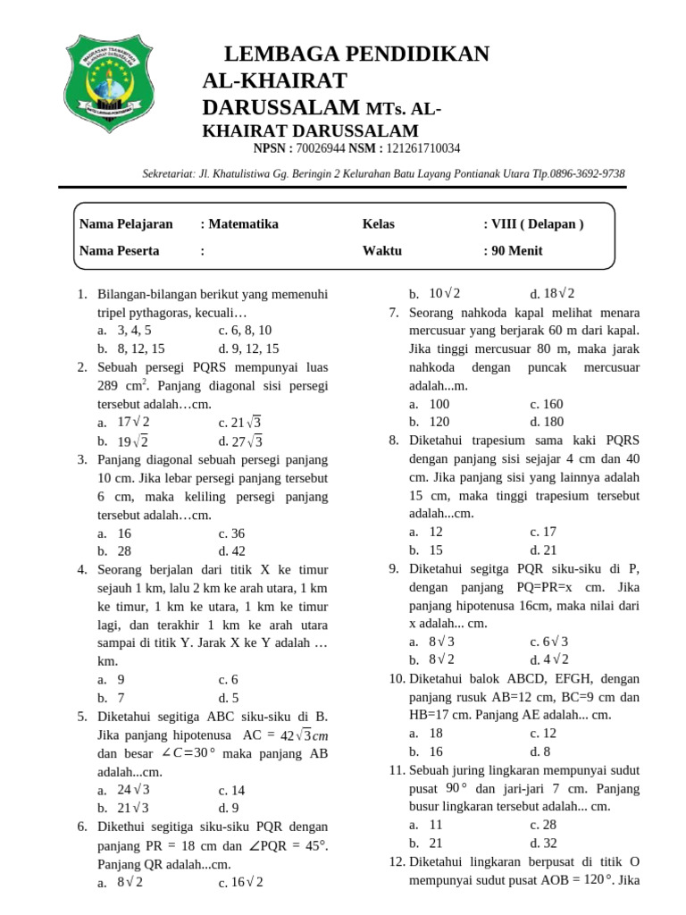 Soal Mtk Kelas 8 Mts Pdf