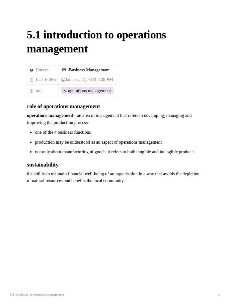Ib BM SL Notes 5.1 Introduction To Operations Management | PDF