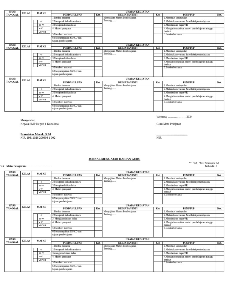 Jurnal Mengajar Harian Guru | PDF