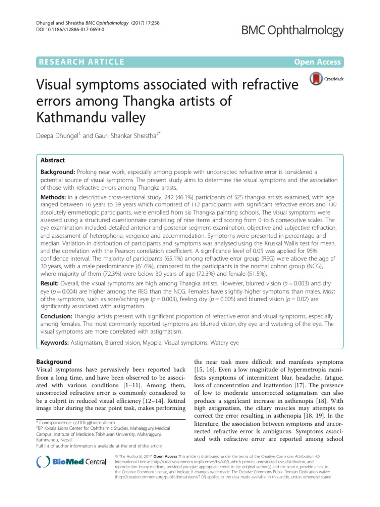 Visual Symptoms Associated With Refractive Errors Among Thangka Artists ...