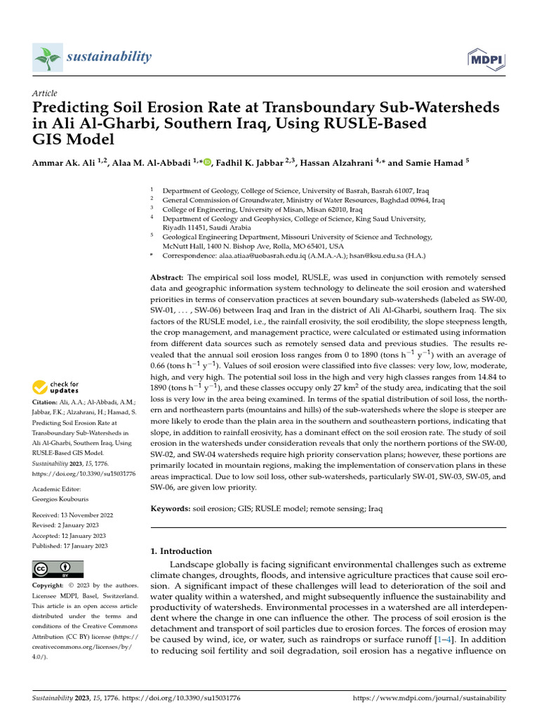 Predicting Soil Erosion Rate At Transboundary Sub Watersheds In Ali Al