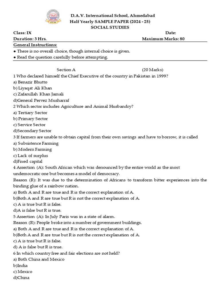 Grade 9 Ss Sample Q Paper Half Yearly 2024 | PDF
