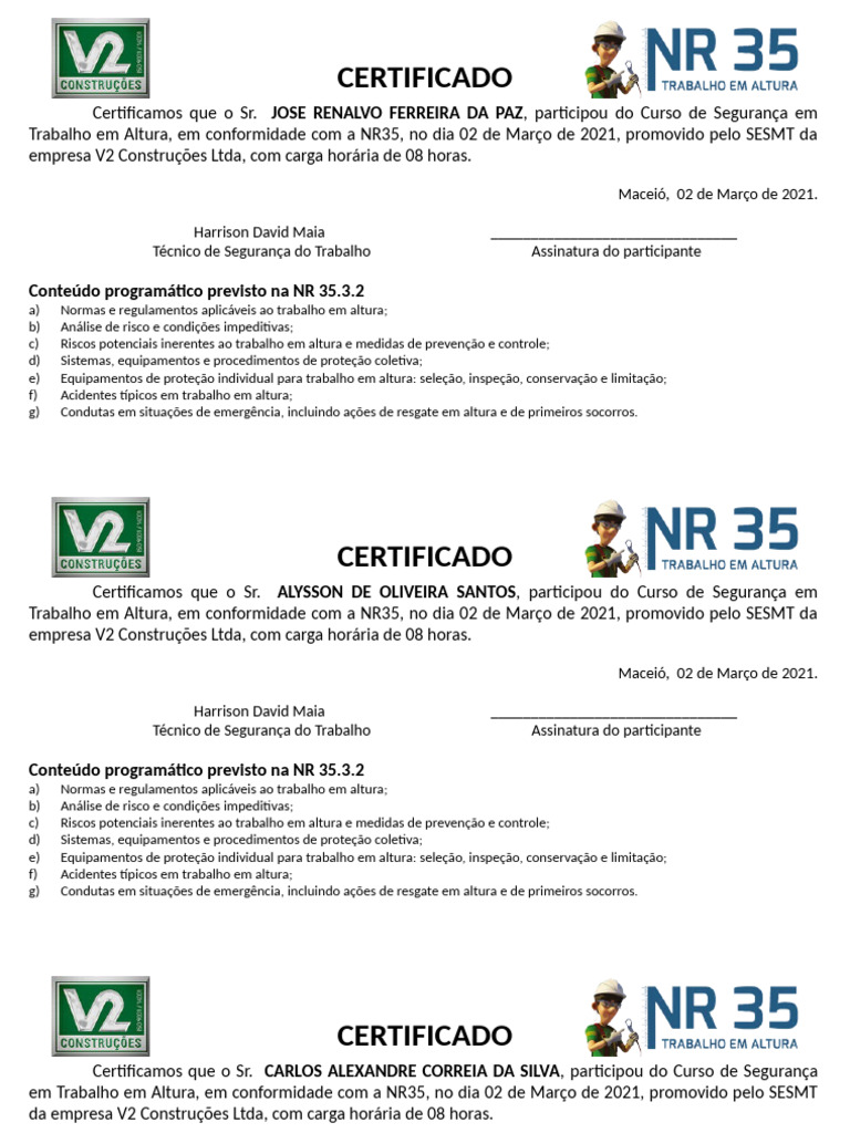 Certificado NR 35 | PDF