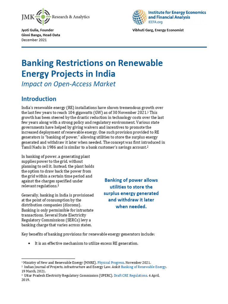Banking Restrictions On Renewable Energy Projects in India December ...