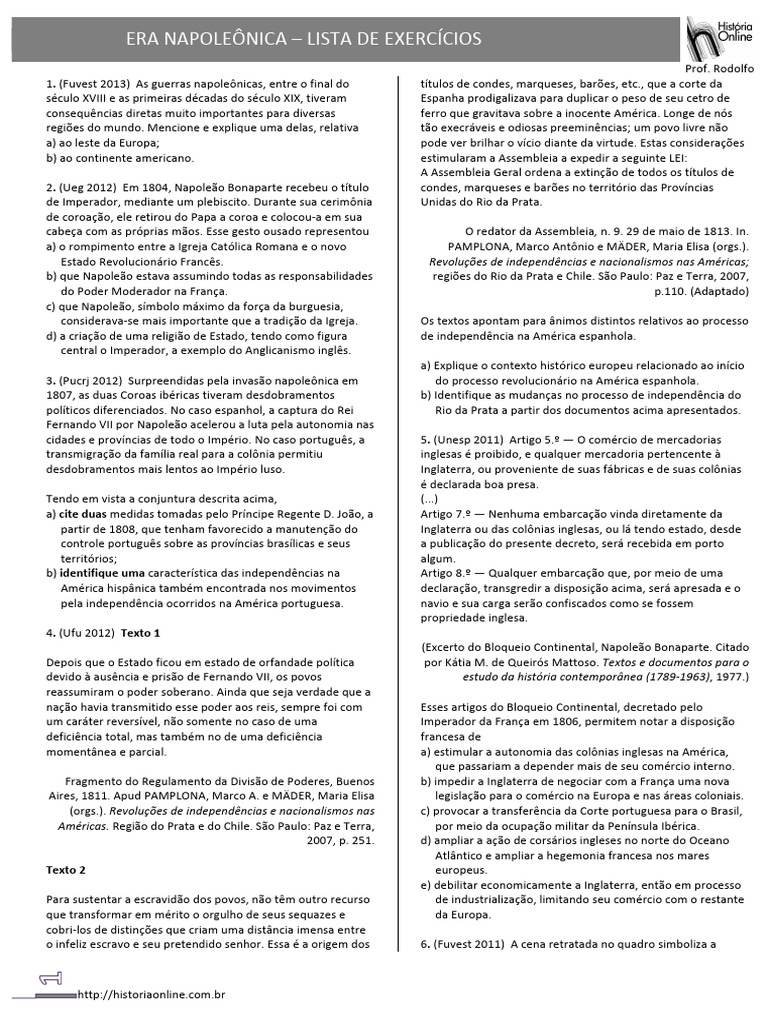Exercícios sobre a Era Napoleônica | PDF | Napoleão | Revolução Francesa