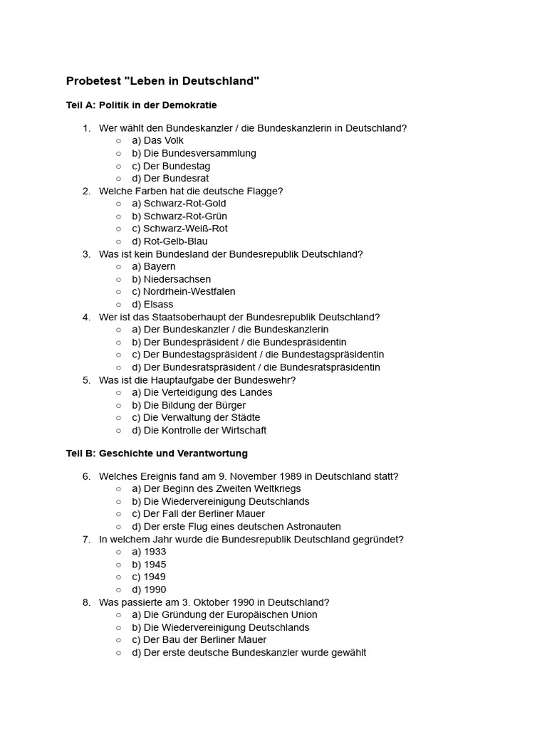 Probetest Leben In Deutschland Pdf