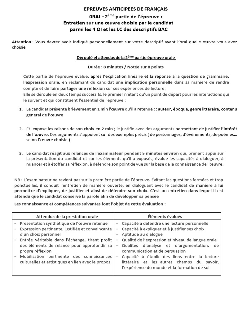 EAF Oral 2eme Partie Preparer Son Entretien Sur Oeuvre Choisie | PDF